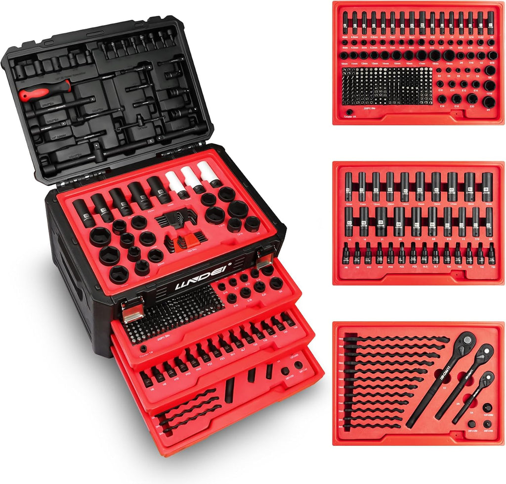 LLNDEI Mechanics Tool Set and Socket Set, 1/4' 3/8' 1/2' Drive Deep and Standard Sockets 12 Point, 390 Pcs SAE and Metric Mechanic Tool Kit with Bits, Combination Wrench