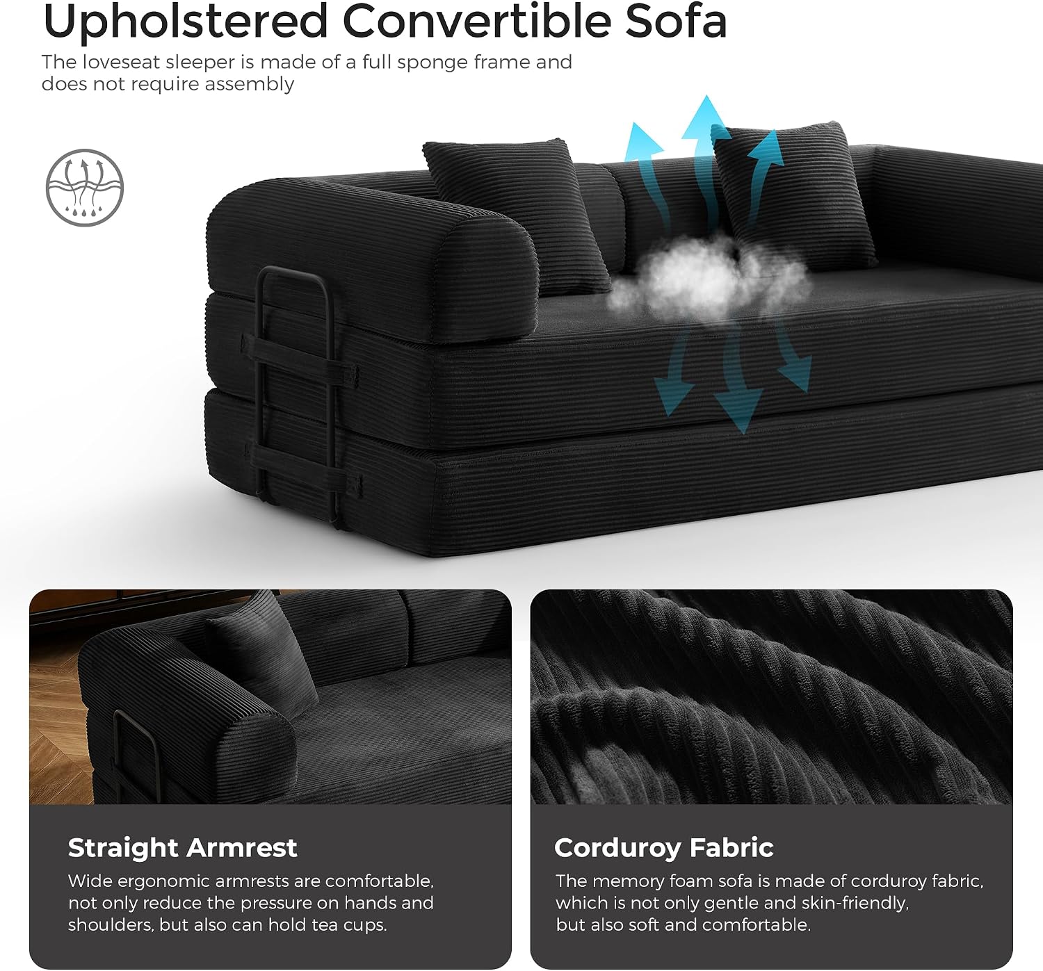 79' Convertible Sofa Bed with Fixed-Shape Frame & Removable Armrests, Modular Corduroy Sleeper Sofa, Folding Mattress Couch for Small Spaces - No Assembly Needed in Black (Includes 2 Pillows)
