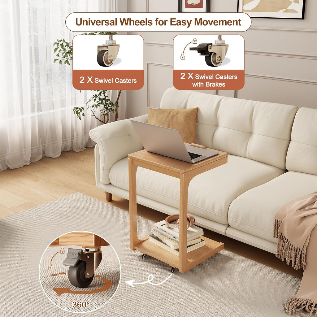 AQIMUELE Wooden C-Shaped End Table,Couch Table with Adjustable Desktop,Small Rolling Side Table with 2 Lockable Wheels,Small End Table for Couch, Living Room,Bedroom (Natural)