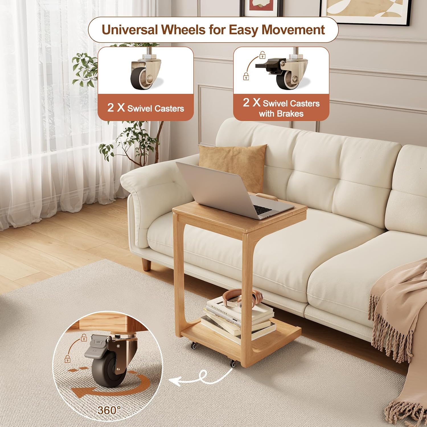 AQIMUELE Wooden C-Shaped End Table,Couch Table with Adjustable Desktop,Small Rolling Side Table with 2 Lockable Wheels,Small End Table for Couch, Living Room,Bedroom (Natural)