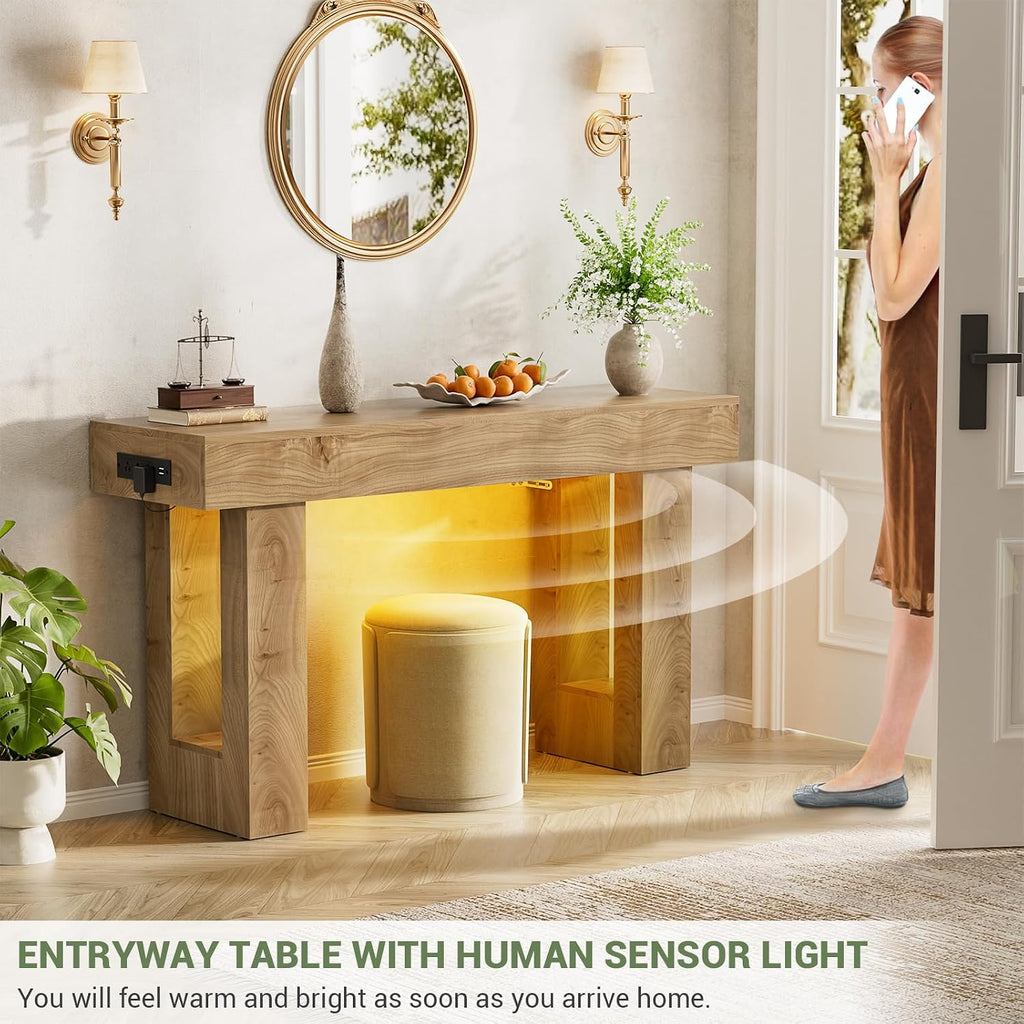 Unikito 47' Entryway Table with Socket and Sensor Light, Narrow Console Table with Storage Behind Couch, Farmhouse Entry Way Tables with Open Storage for Entrance/Hallway/Living Room, Natural Oak
