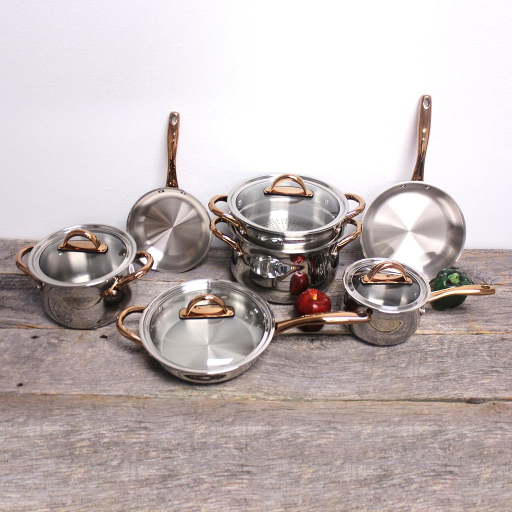 BergHOFF Ouro Gold 16Pc 18/10 Stainless Steel Cookware Set With Glass Lids and Nylon Utensil Set, Rose Gold Handle, PFOA-free, Induction Cooktop Ready, Even Heat