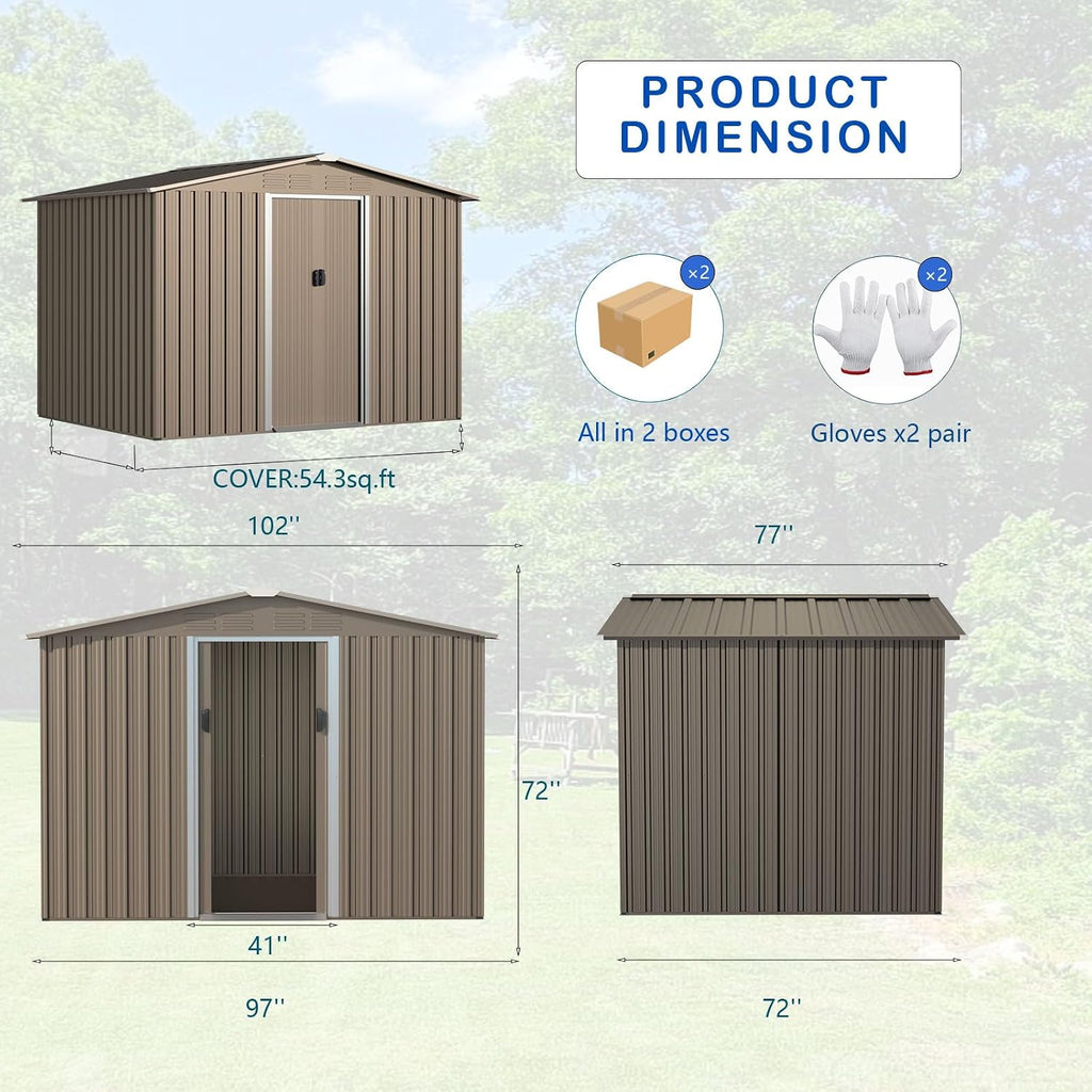 ALAULM 8'x6' Outdoor Storage Shed Outdoor Galvanized Metal Tool Shed with Vents & Sliding Door, Waterproof Garden Shed for Patio,Lawn,Backyard to Store Bikes,Tools,Brown
