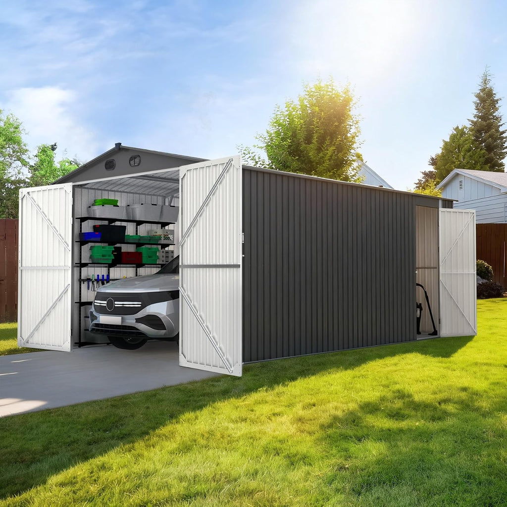 13x20 Ft Outdoor Metal Garage Shed, Extra Large Storage Shed with Double Hinged Doors, Carport for Car, Truck, Bicycle and Garden Equipment, Dark Gray