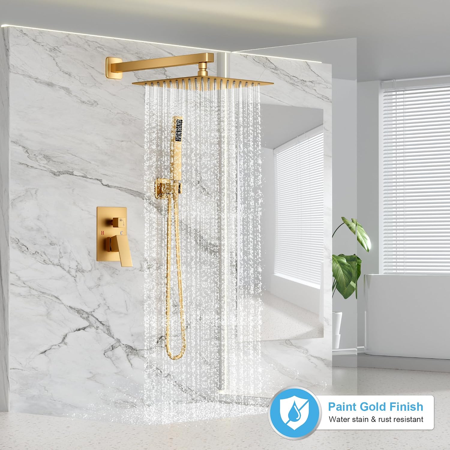 FPXRNG Gold Shower Faucet Set, Rainfall Shower System with Rain Shower Head and Handle Set, Wall Mounted Shower Fixtures, Full Metal Trim Repair Kit 12 inch Paint Gold (With Shower Valve)