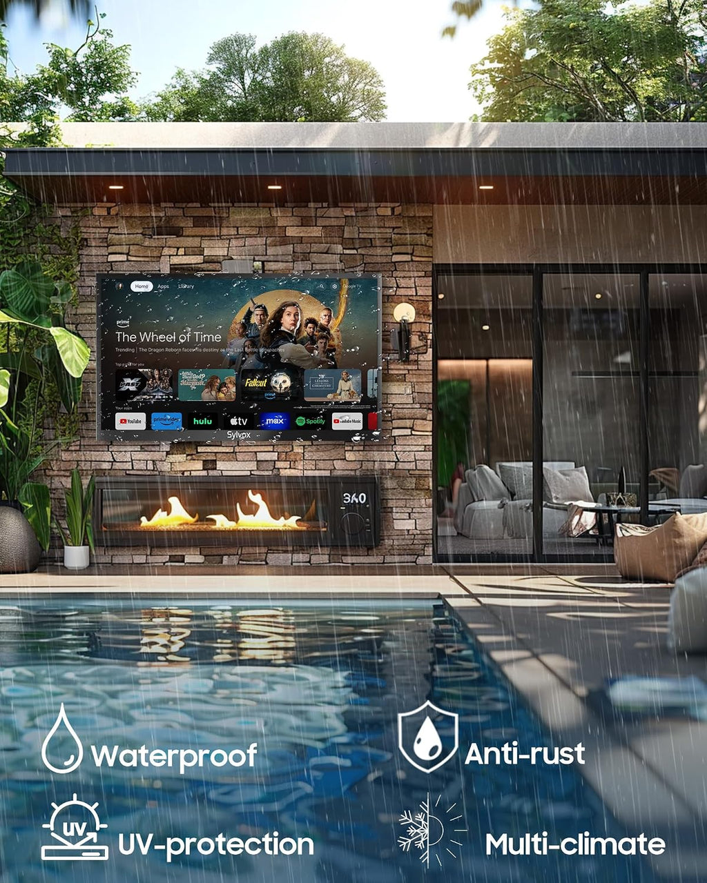 SYLVOX Outdoor TV with Rolling Stand, 55 inch 2000 Nit Full Sun Smart TVs, Sunlight Readable, IP56 Waterproof, 4K TV for Outdoor Households or Commercial Places