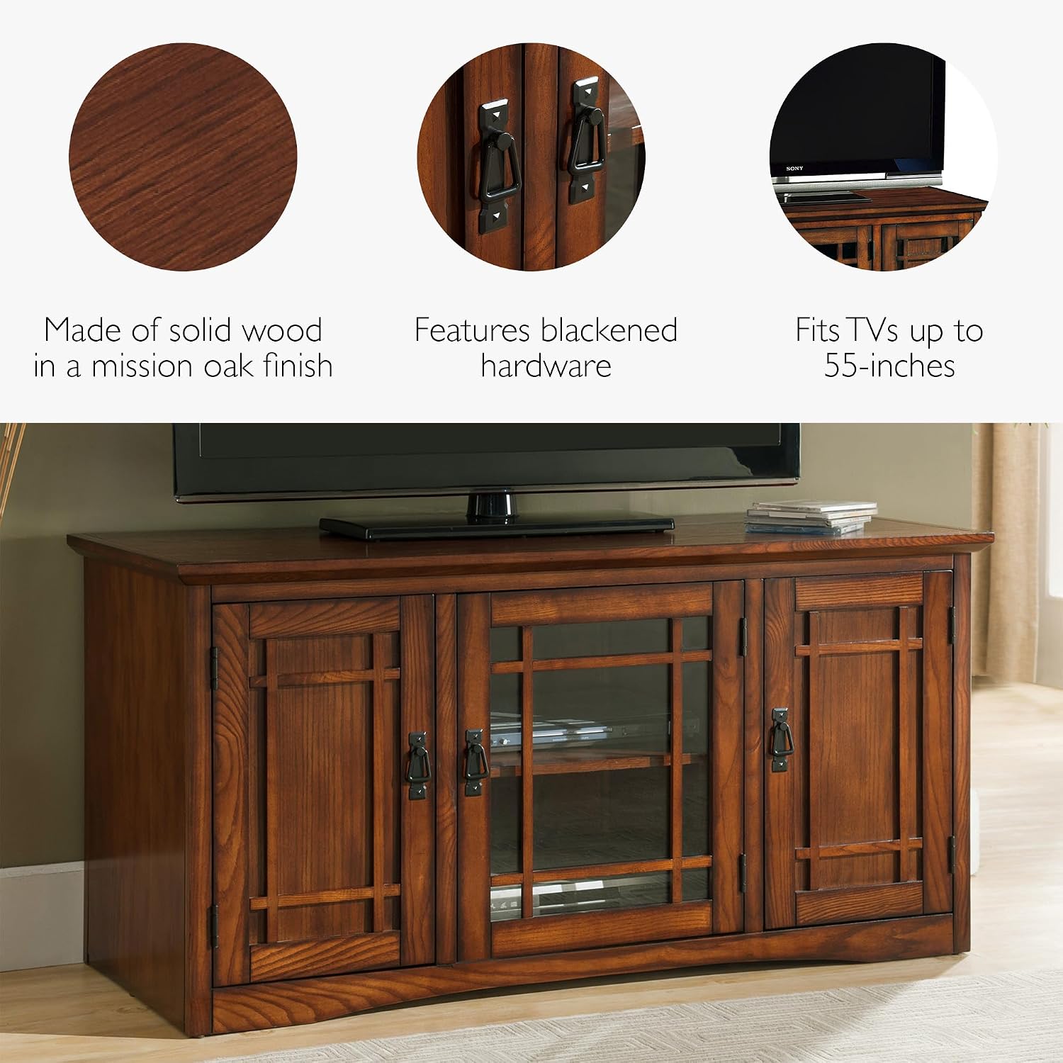 Leick Home 82350 Solid Wood Mission Oak Three Door TV Stand For 55' TVs Universal TV Console Living Room Storage Shelves Entertainment Center, Mission Oak