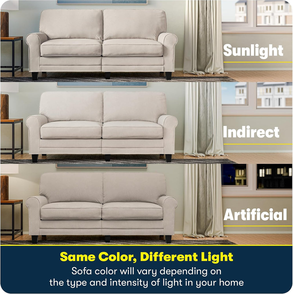 Serta Copenhagen 61' Rolled Arm Sofa, Easy Care Polyester, Soft Pillow Back, Pocket Coil Seat Cushions, Removable Covers, Loveseat or Couch for Small Spaces, Living Rooms or Bedrooms, Cream White
