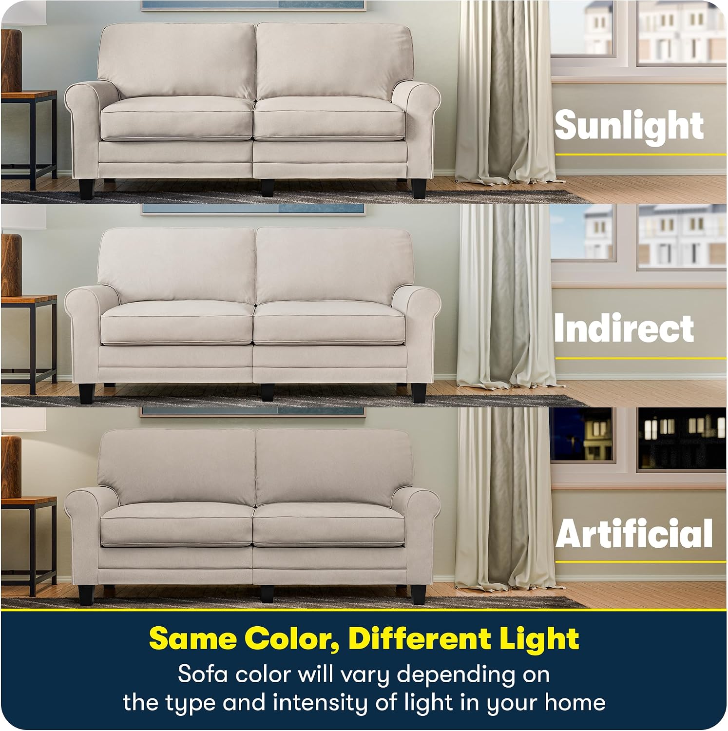 Serta Copenhagen 61' Rolled Arm Sofa, Easy Care Polyester, Soft Pillow Back, Pocket Coil Seat Cushions, Removable Covers, Loveseat or Couch for Small Spaces, Living Rooms or Bedrooms, Cream White