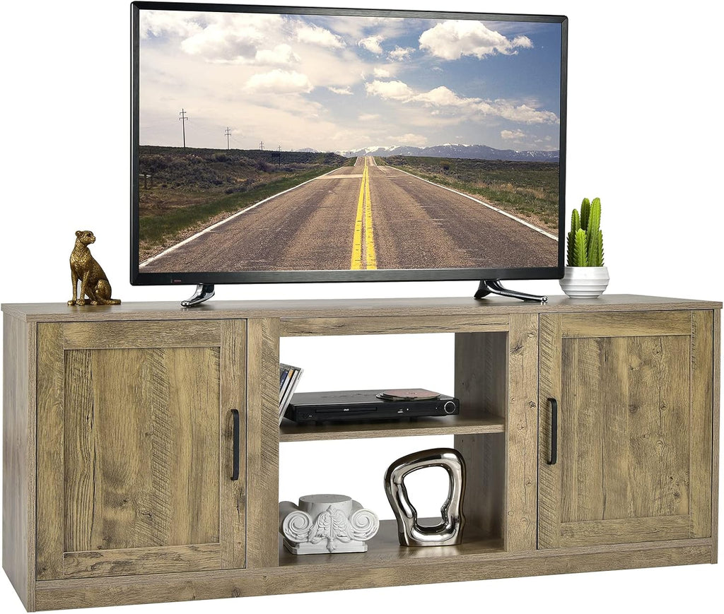 Tangkula Farmhouse TV Stand with Double Barn Doors, Media Entertainment Center for TVs up to 65 Inch, Rustic Wood TV Console Table with Storage Cabinets & Adjustable Shelves for Living Room