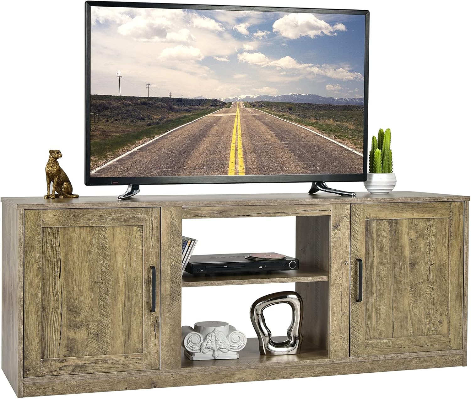 Tangkula Farmhouse TV Stand with Double Barn Doors, Media Entertainment Center for TVs up to 65 Inch, Rustic Wood TV Console Table with Storage Cabinets & Adjustable Shelves for Living Room