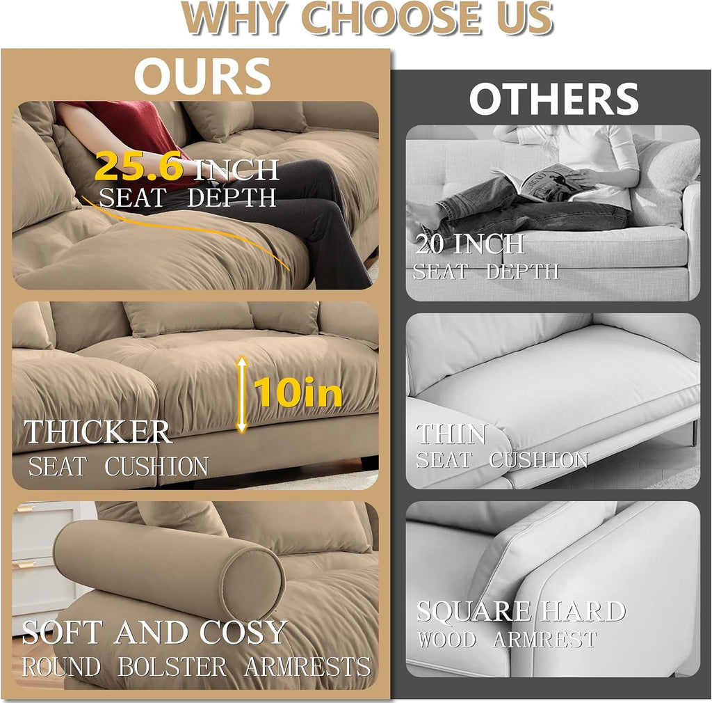 Loveseat Sofa 93.7' Modular Sectional Sofa, 2 Seater Modern Cloud L Shaped Couch, Oversized Sectional Couches for Living Room, Comfy Velvet Sofas Deep Seat Couch with 4 Pillows, Camel