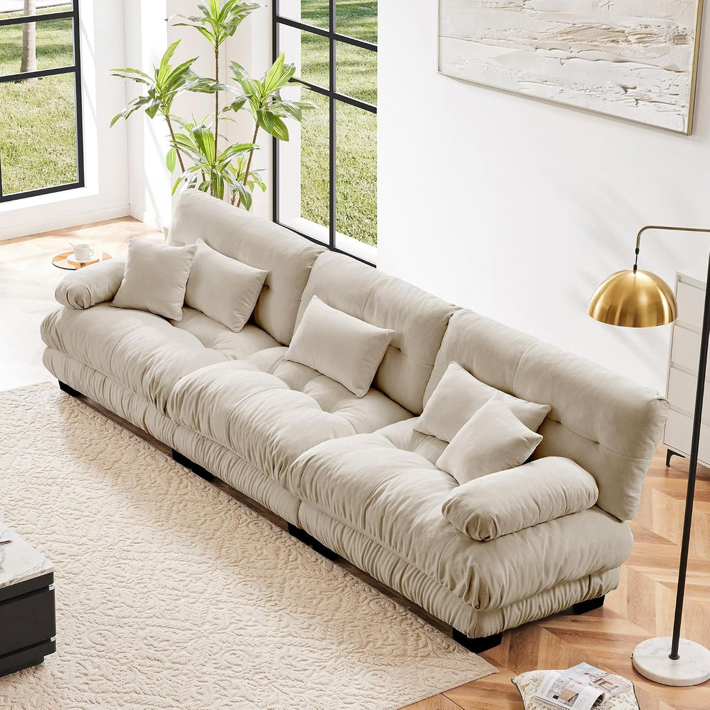 Modular Sectional Sofa Cloud Couch, 133.8' Modern Deep Seat Sectional Couches for Living Room, Oversized Modular Couch with 5 Pillows, 3 Seater Comfy Chenille Sofa Bed for Bedroom, Light Coffee