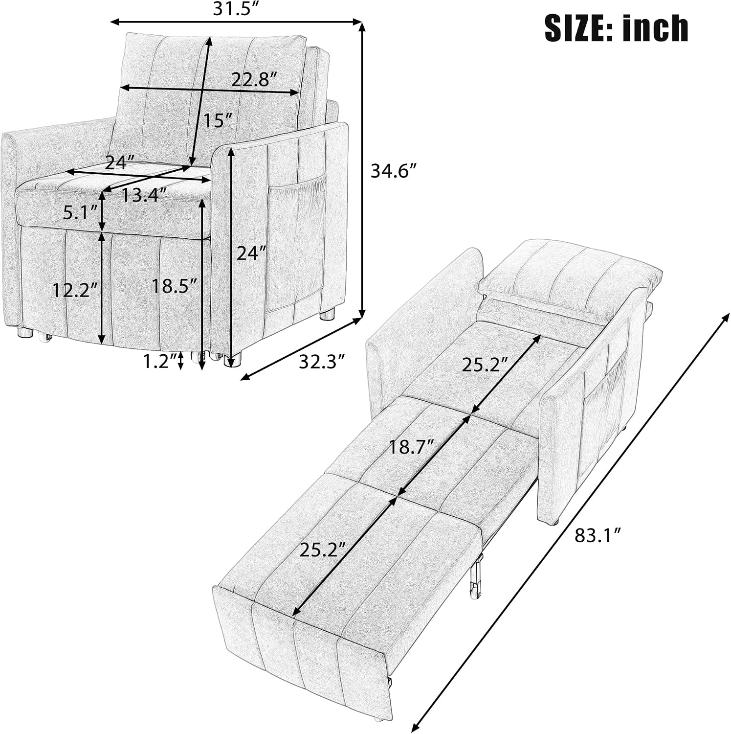 Ball & Cast 31.5' Convertible Pull-Out Sleeper Sofa Bed,Chenille Upholstered Pull Out Couch Chair,3 in 1 Single Sofa Chair W/Storage Basket and Side Pocket,Recliner Chaise Lounge for Living Room,Grey
