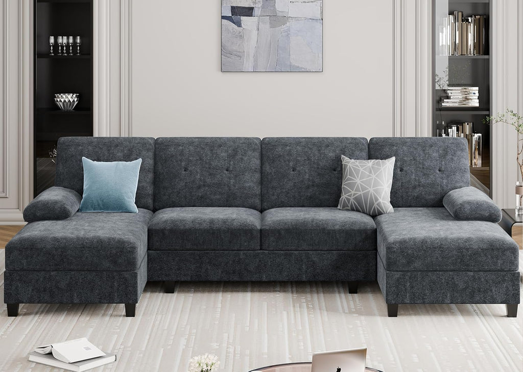 Sectional Couches for Living Room, U Shaped Couch 4 Seat Sectional Sofa with Chaise and Armrests, Comfortable Fabric Large Sofa for Apartment (Grey)