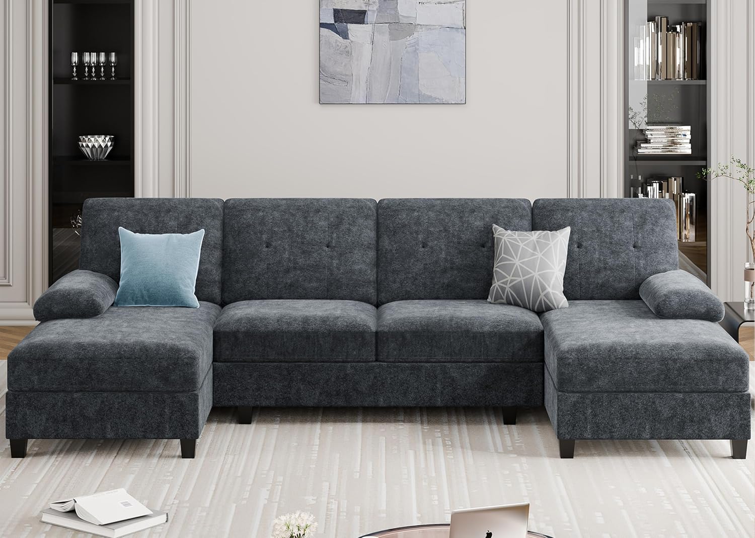 Sectional Couches for Living Room, U Shaped Couch 4 Seat Sectional Sofa with Chaise and Armrests, Comfortable Fabric Large Sofa for Apartment (Grey)