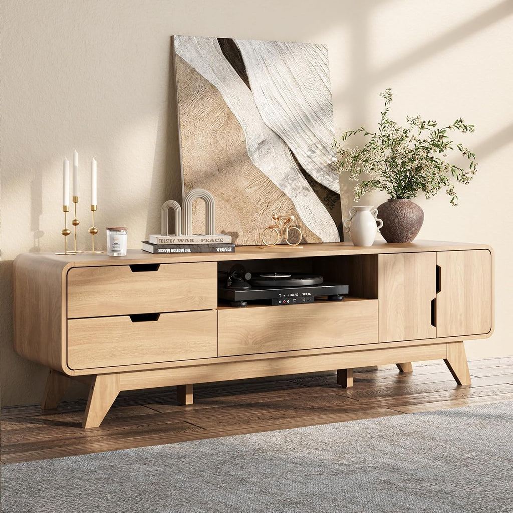 BREEZEHEAT 63' Wood TV Stand, Mid Century Modern TV Stands for TVs up to 70 inch, Entertainment Center with Storage Cabinet and 3 Drawers, Media and TV Console for Living Room, Natural Oak