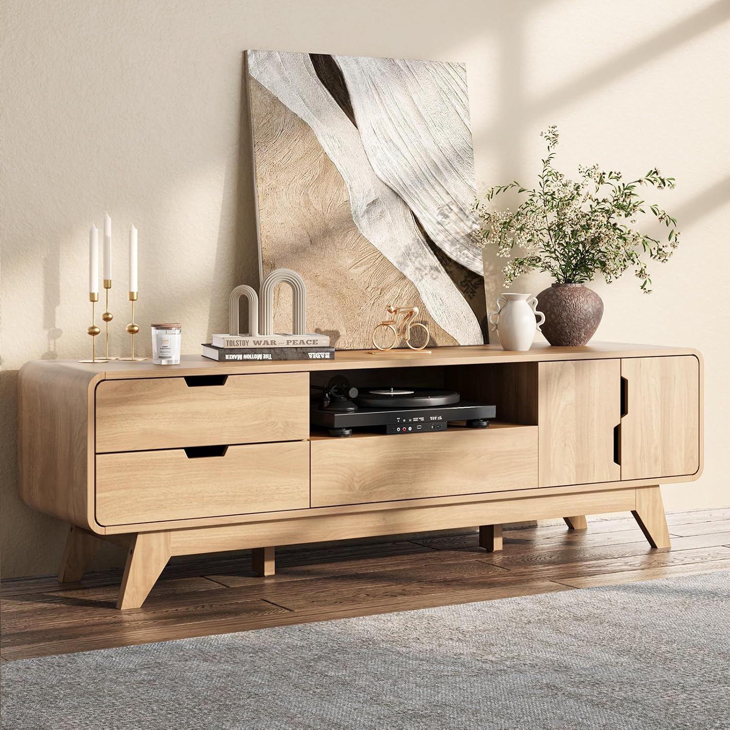 BREEZEHEAT 63' Wood TV Stand, Mid Century Modern TV Stands for TVs up to 70 inch, Entertainment Center with Storage Cabinet and 3 Drawers, Media and TV Console for Living Room, Natural Oak