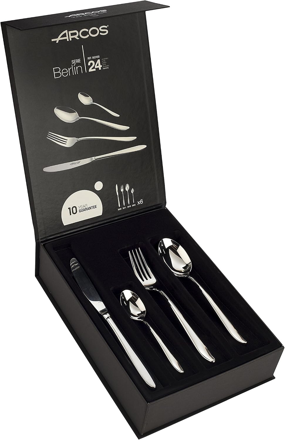 Arcos 24-Piece Flatware Set. Premium Stainless Steel Silver Cutlery Set with 6 Knives, 12 Spoons, and 6 Forks. All in One Monoblock Design