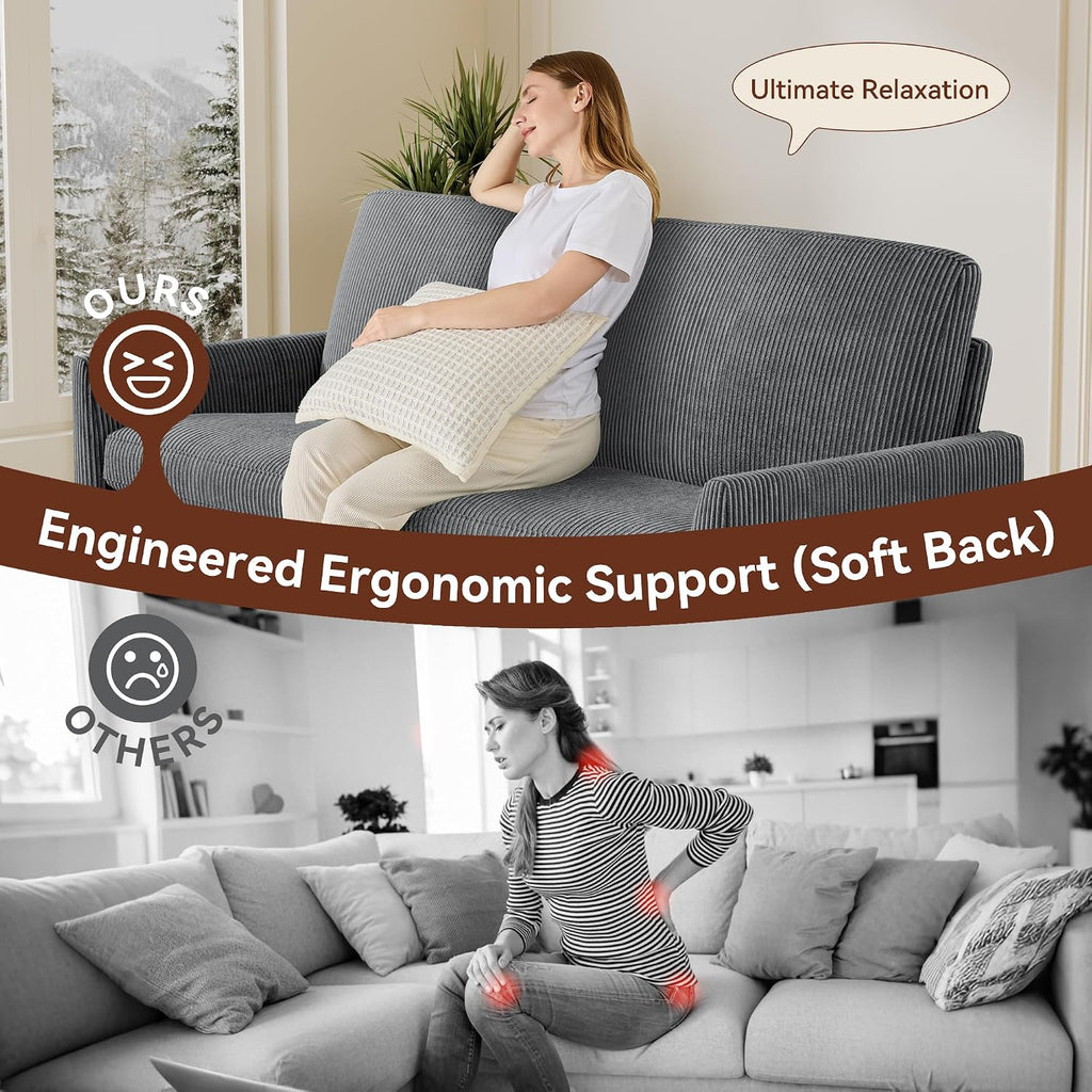 Vipbear 68' Loveseat Sofa - Dark Grey, Comfy Corduroy with Spring Cushion, Solid Wood Frame, Modern Deep Seat, Bedroom & Living Room, Office Small Couch