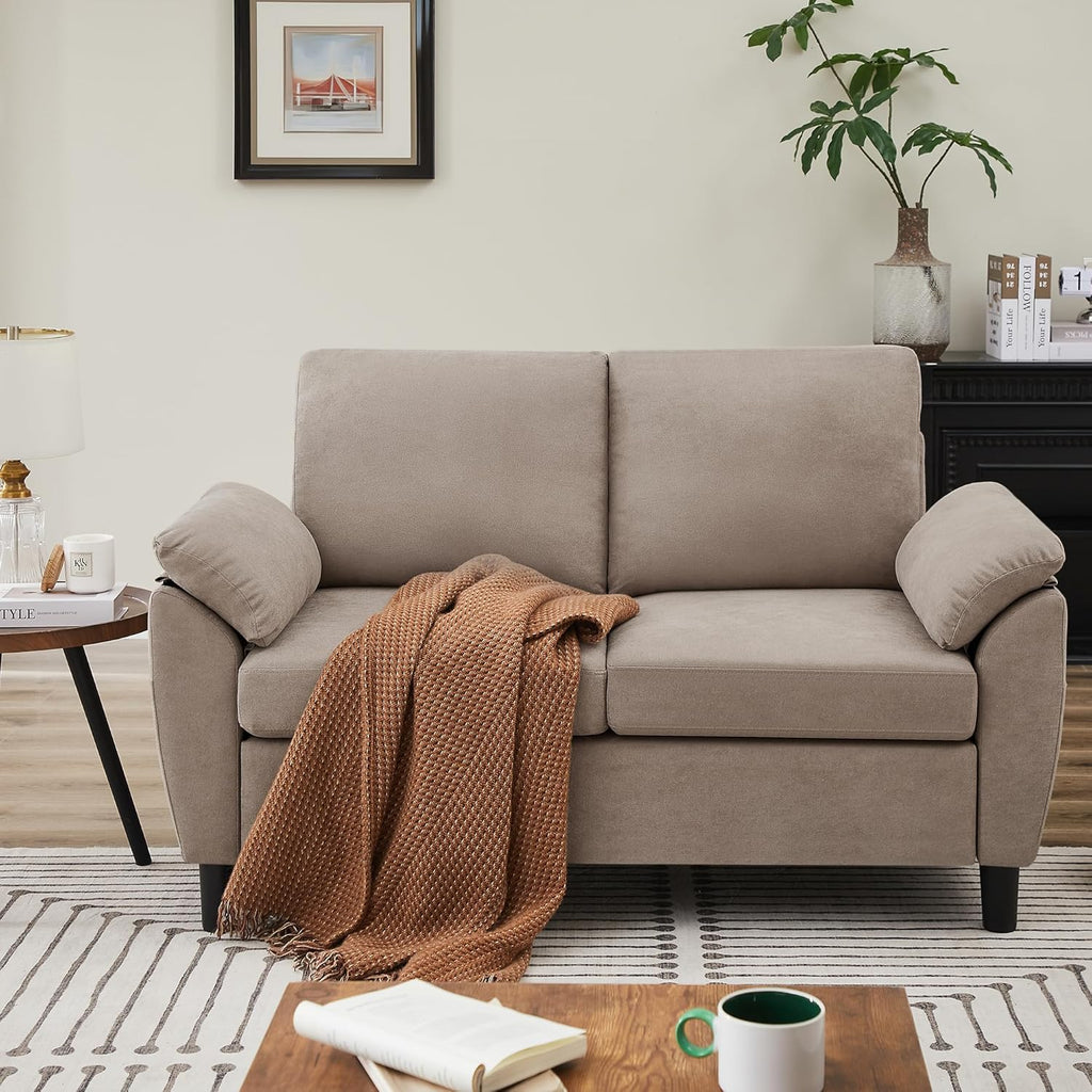 Loveseat Sofa, 57' Love Seat, Comfy Small Loveseat, Small Couch for Bedroom, Linen Fabric Couches for Living Room, Bedroom, Beige
