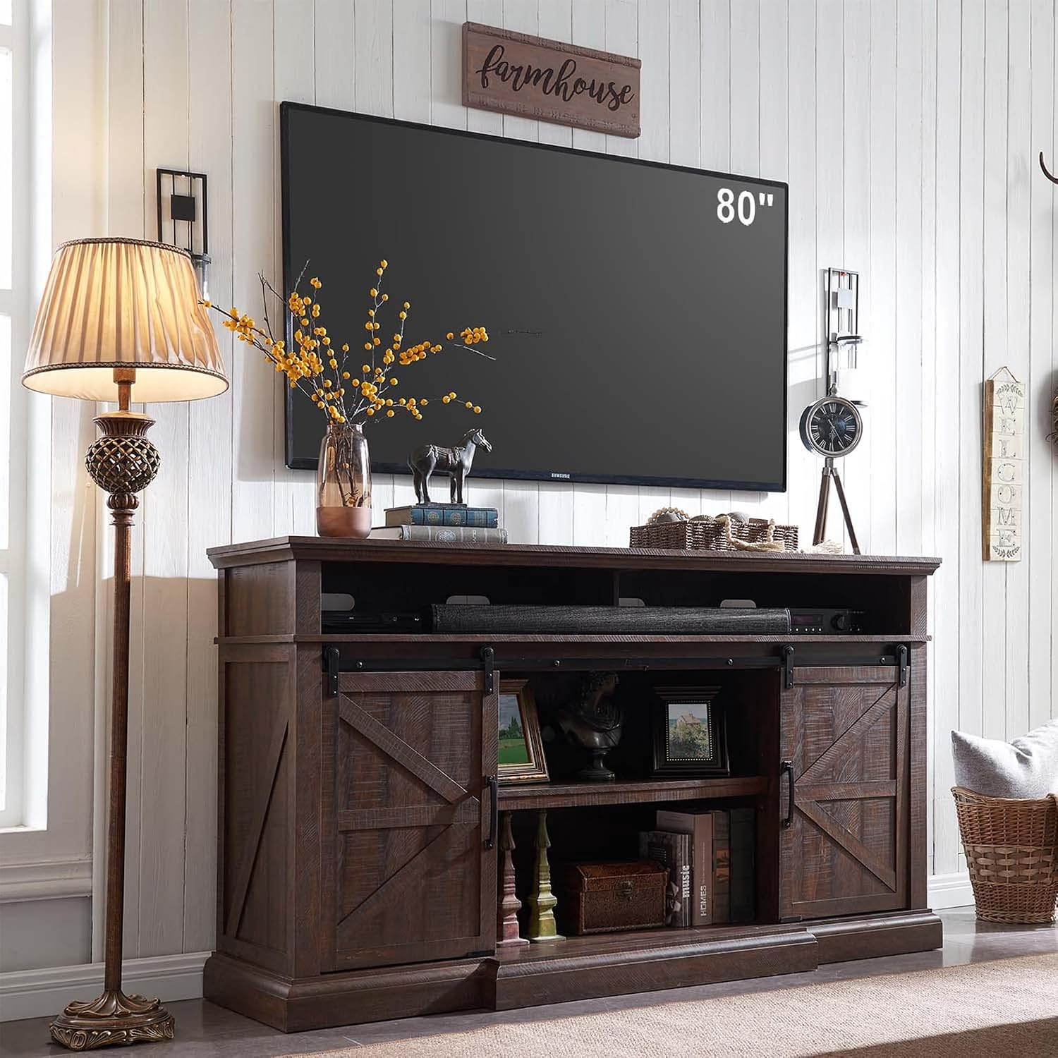 Farmhouse TV Stand for 80 Inch TVs, 37.4'Tall Entertainment Center w/Storage Cabinets and Sliding Barn Door, Media Console Cabinet w/Soundbar & Adjustable Shelves for Living Room, 70 inch (Brown)