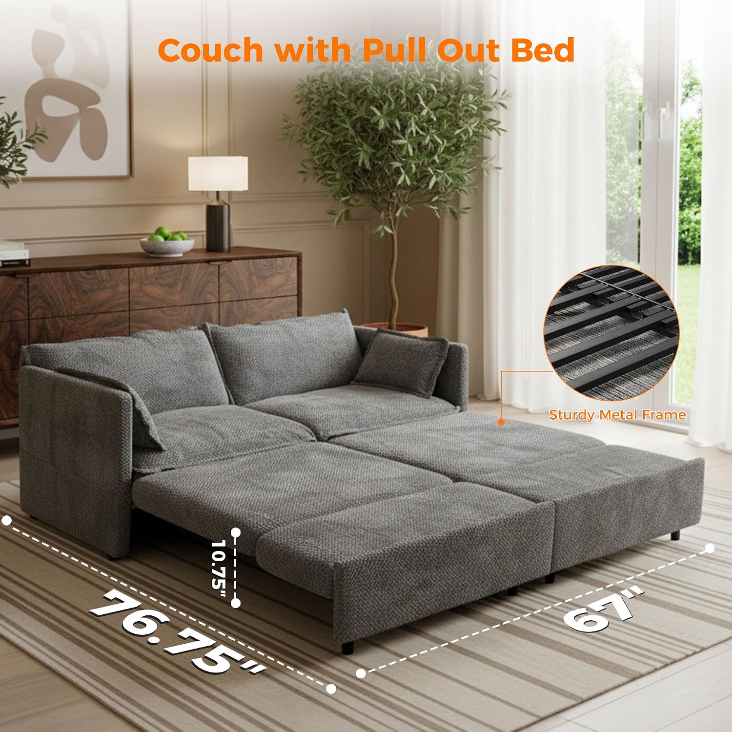 3 in 1 King Size Sofa Bed-73.6' Convertible Sofa Bed with USB/C-Type Charging Ports,Corduroy Sleeper Sofas with Side Pockets,Loveseat Chaise Lounge for Living Room,Bedroom,Apartments,Grey