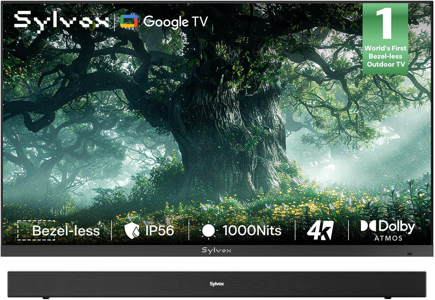 SYLVOX 65 inch Outdoor TV with Soundbar, Ultra-Narrow Bezel, 4K Smart TV, 1000 nits, IP56 Waterproof, Dual Speakers, All-Weather Metal Chassis for Patio, Deck, Backyard (Frameless Series)