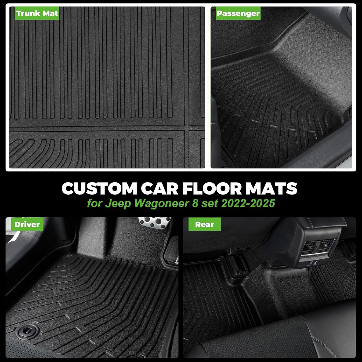 Floor Mats & Cargo Liner Custom for 2022-2025 Jeep Wagoneer 8 Seats All Weather Protection TPE Anti-Slip Automotive Full Set Floor Liners Jeep Wagoneer Accessories - Black