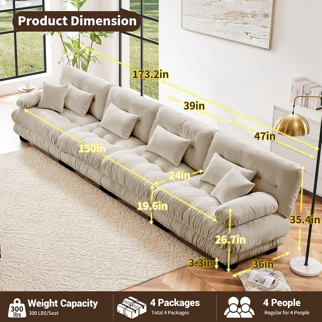 Modular Sectional Sofa Cloud Couch, 173.2' Modern Deep Seat Sectional Couches for Living Room, Oversized Modular Couch with 6 Pillows, Comfy Chenille Sofa Bed for Bedroom Apartment, Light Coffee