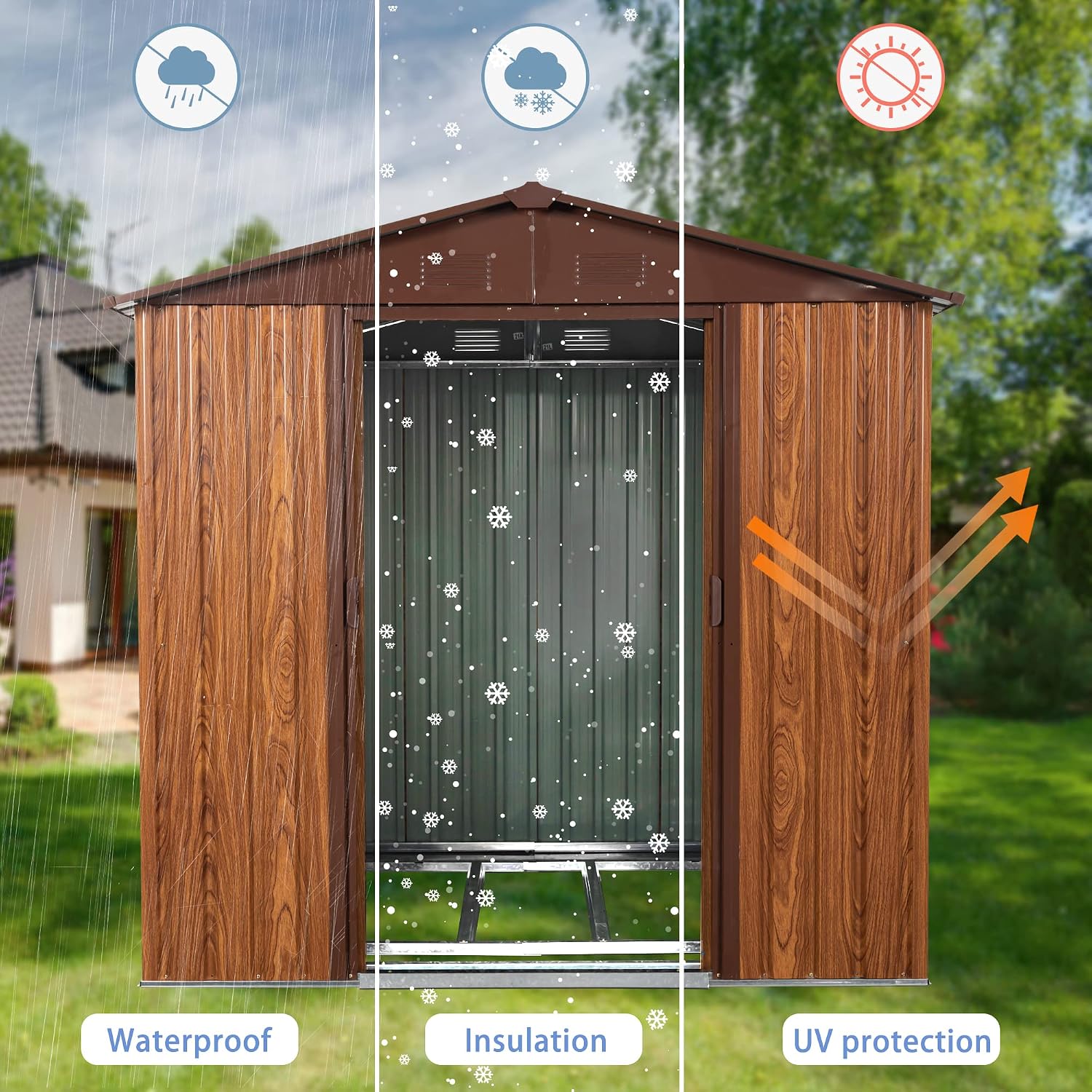 6 x 6 FT Outdoor Storage Shed with Floor Base and Window,Heavy Duty Metal Shed w/Sliding Doors & Padlock,Punched Vents,Large Waterproof Tool Sheds,Easy to Assemble,Coffee
