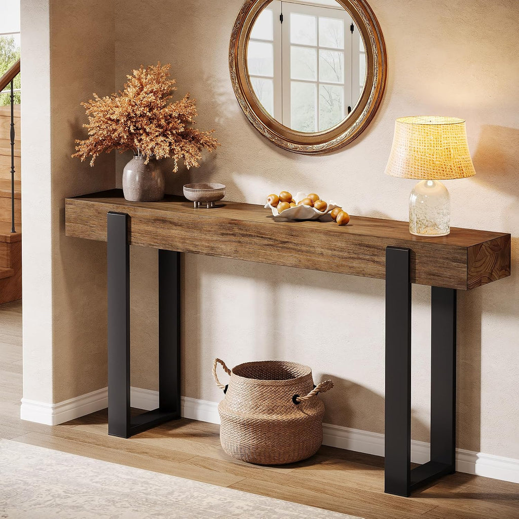 Tribesigns 63-Inch Long Console Table, Solid Wood Sofa Table Behind The Couch with Metal Support, Farmhouse Entryway Furniture for Entrance, Hallway, Living Room, Rustic Brown & Black