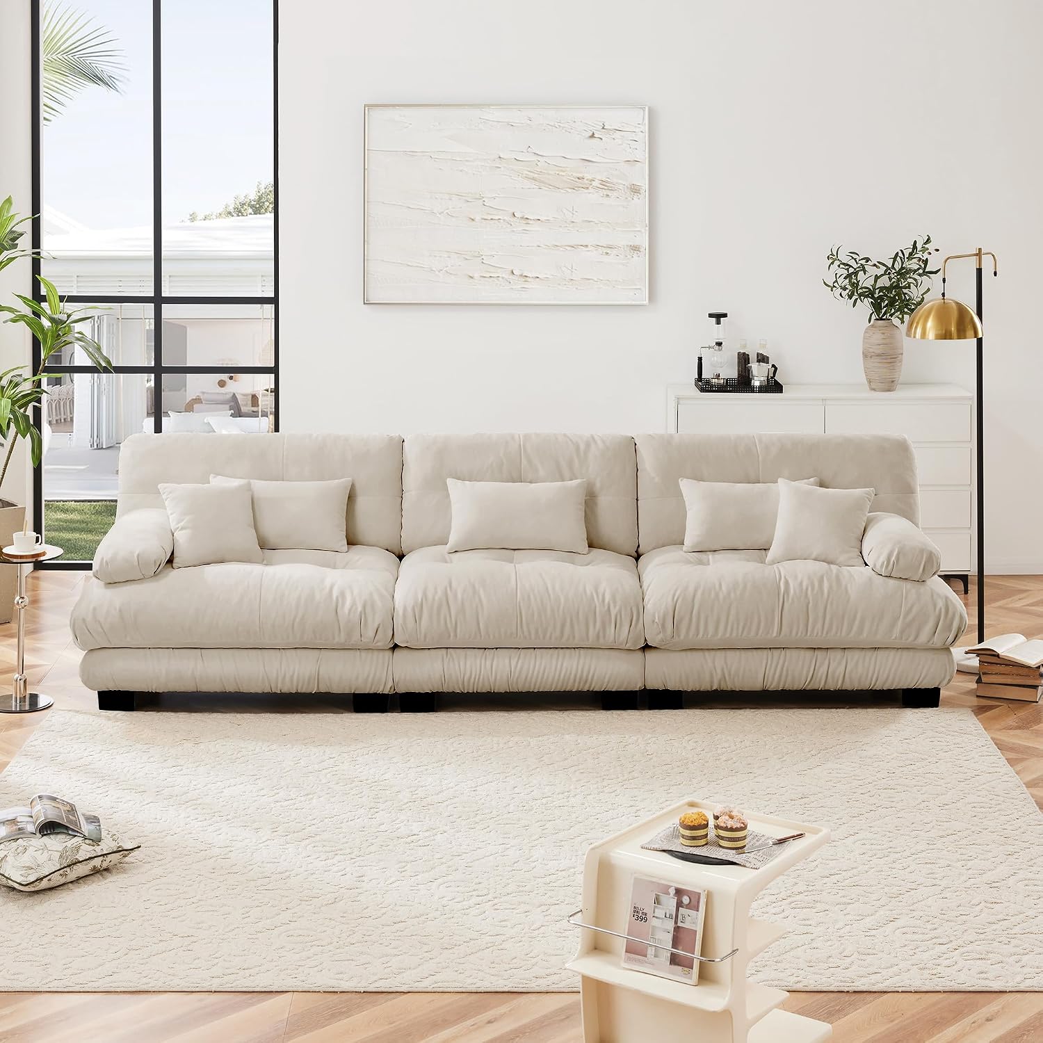 Modular Sectional Sofa Cloud Couch, 133.8' Modern Deep Seat Sectional Couches for Living Room, Oversized Modular Couch with 5 Pillows, 3 Seater Comfy Chenille Sofa Bed for Bedroom, Light Coffee