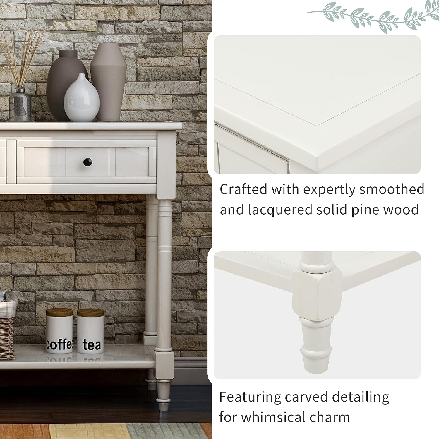 Merax Wood Sofa Table Console Table,Entryway Table Traditional Design with Two Drawers and Bottom Shelf for Living Room,Hallway,Dining Room,Lvory White