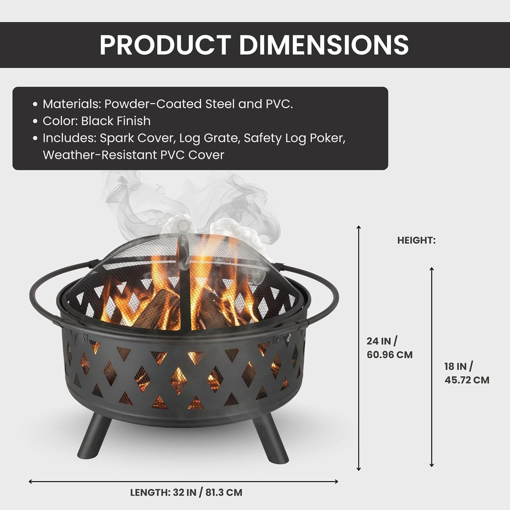 Fire Pit - 32-Inch Outdoor Wood Burning Firepit with Screen, Poker, and Cover - Outdoor Fire Pits for Backyard, Deck, or Patio by Pure Garden (Black)