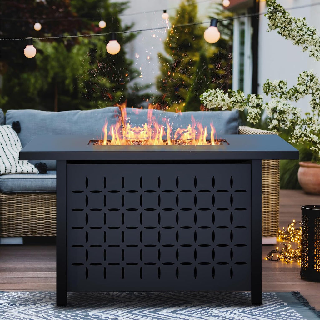 Vongrasig 43 Inch Propane Fire Pit, Outdoor Gas Fire Pit Table with Lid, Lava Rock, 50,000 BTU 2 in 1 Rectangular Table Top Firepit for Patio, Deck, Garden, Backyard