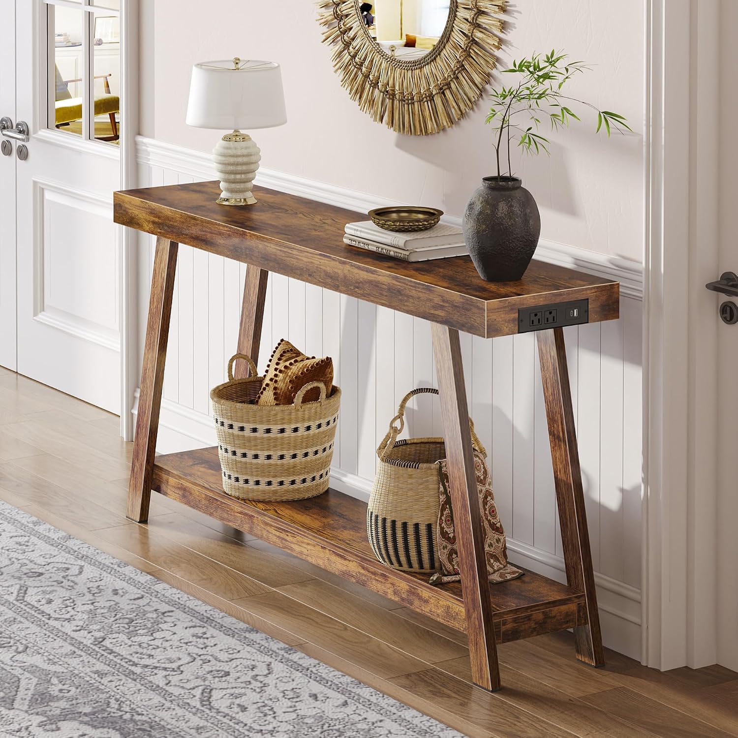 Huuger Console Table with Charging Station, USB-C Port, 2 Tiers Entryway Table, 53.9 Inch Sofa Table with Metal Legs, Entry Hallway Table with Thicker Desktop, Modern Behind Couch Table, Rustic Brown