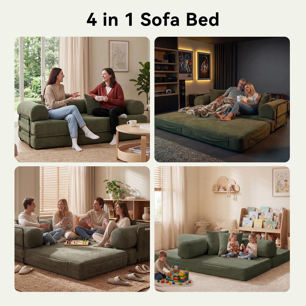 79' Sofa Bed Convertible Boneless Couch Corduroy Modular Couch Bed with Fixed-Shape Frame & Removable Armrests for Living Room, Bedroom (Green)