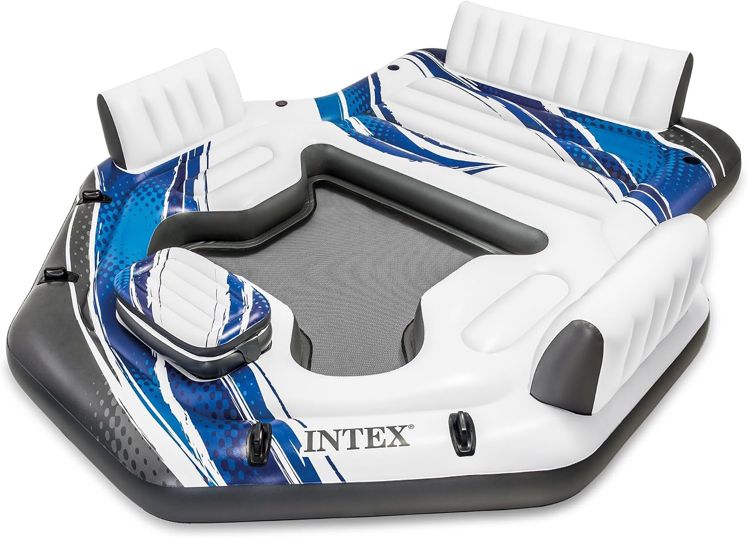 Intex Blue Tropic Inflatable 5 Person Raft or Swimming Pool Island Water Floating Lounger Raft with Backrests, Built in Cooler, and 4 Cupholders
