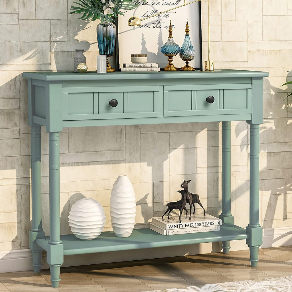Merax Wood Sofa Table Console Table,Entryway Table Traditional Design with Two Drawers and Bottom Shelf for Living Room,Hallway,Dining Room,Retro Blue