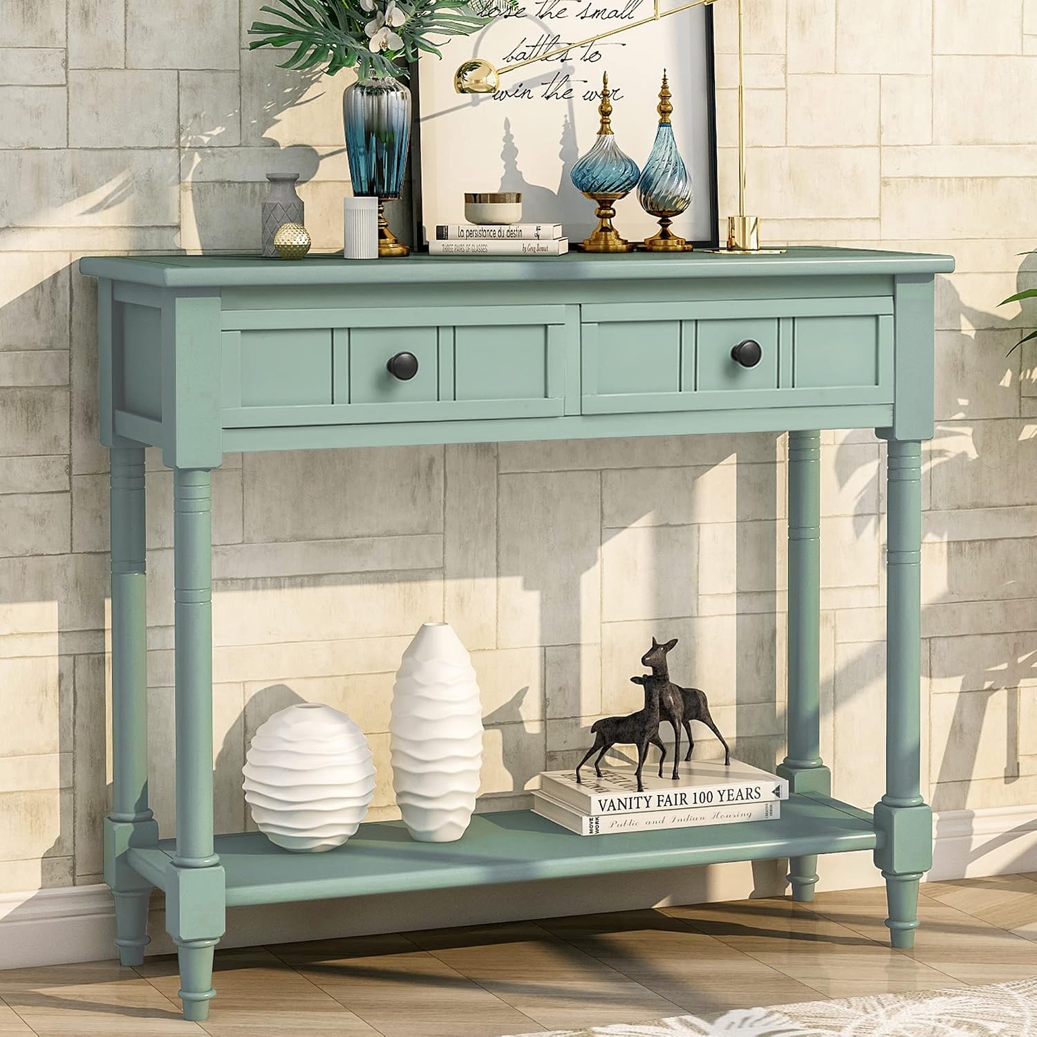 Merax Wood Sofa Table Console Table,Entryway Table Traditional Design with Two Drawers and Bottom Shelf for Living Room,Hallway,Dining Room,Retro Blue