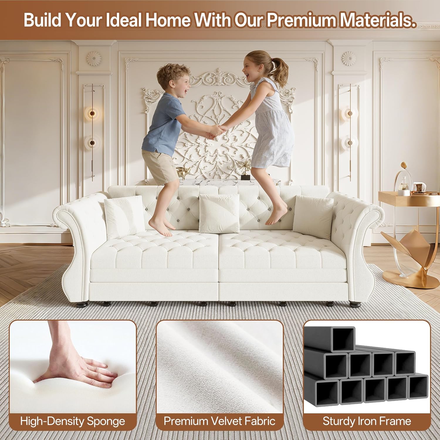 97.6' King Size Sleeper Sofa Bed, 3-in-1 Convertible Pull Out Chesterfield Sleeper Couch, Oversized Velvet Flower Button Tufted 4-Seat Sofa for Living Room Apartment, Beige White