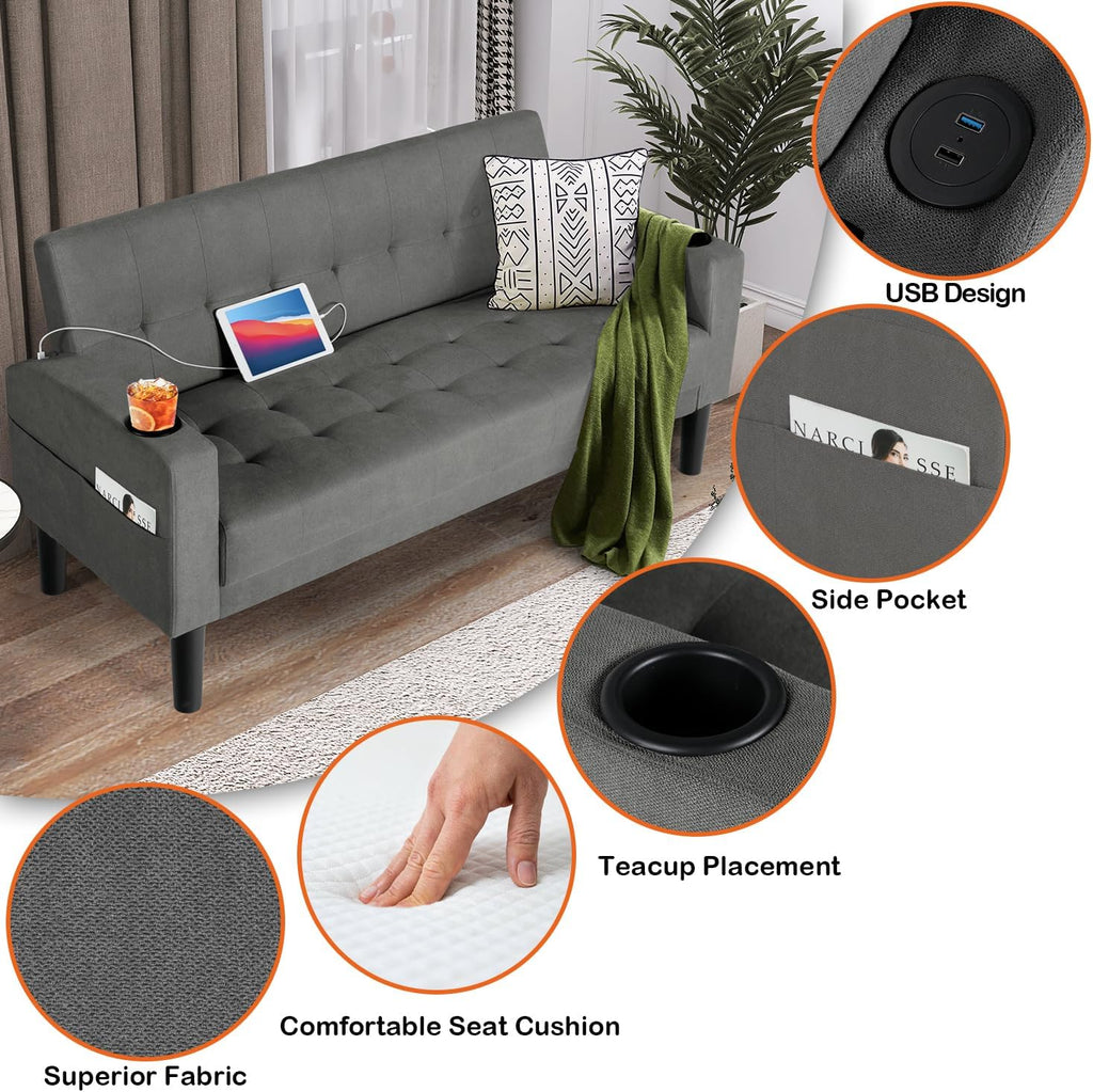 AILEEKISS 62' Loveseat Couches Upholstered Fabric Linen Love Seat Sofas Couch with 2 USB, Cup Holders, Side Pocket, Modern Tufted Sofa for Living Room, Office, Bedroom, Apartment (2-Seat, Dark Grey)