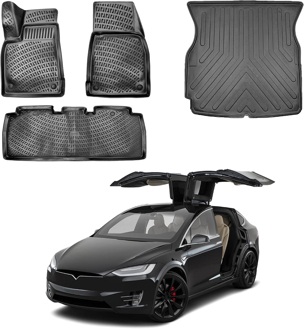 Floor Mats & Cargo Liner fits Tesla Model X 5 Seats 2016-2023, Custom Fit All-Weather TPE Floor Liners, 3D Laser Measured, Waterproof, Durable, Black (Front, Rear & Cargo Set)