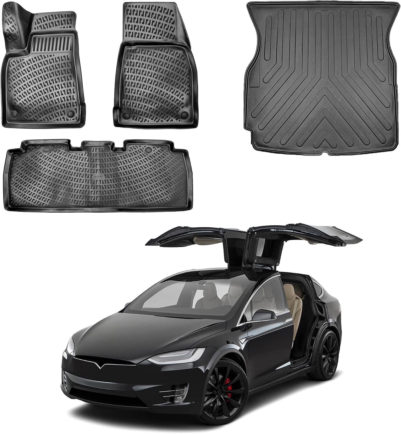 Floor Mats & Cargo Liner fits Tesla Model X 5 Seats 2016-2023, Custom Fit All-Weather TPE Floor Liners, 3D Laser Measured, Waterproof, Durable, Black (Front, Rear & Cargo Set)
