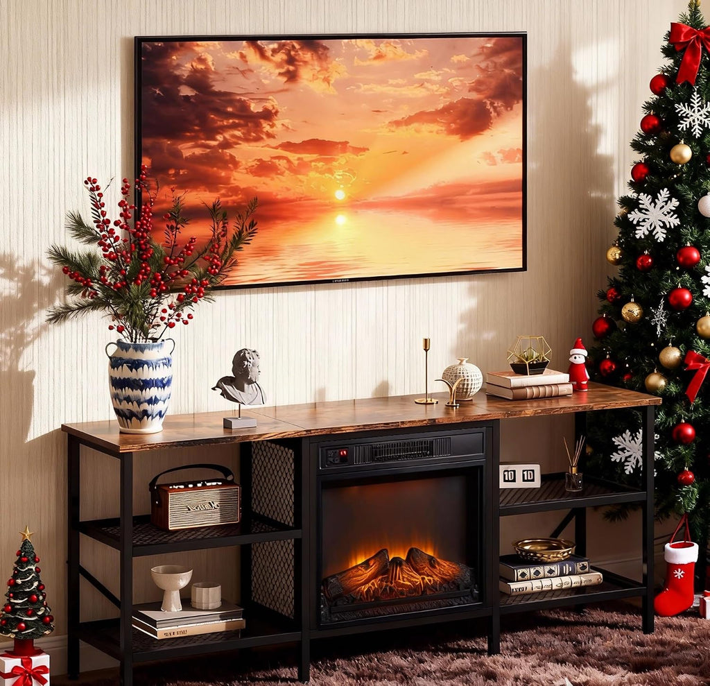 Bonnlo Industrial Fireplace TV Stand, 58' Entertainment Center with 18' Electric Fireplace Heater, TV Console with Open Metal Mesh Frame & Shelves up for 70 Inch TVs, Rustic Brown