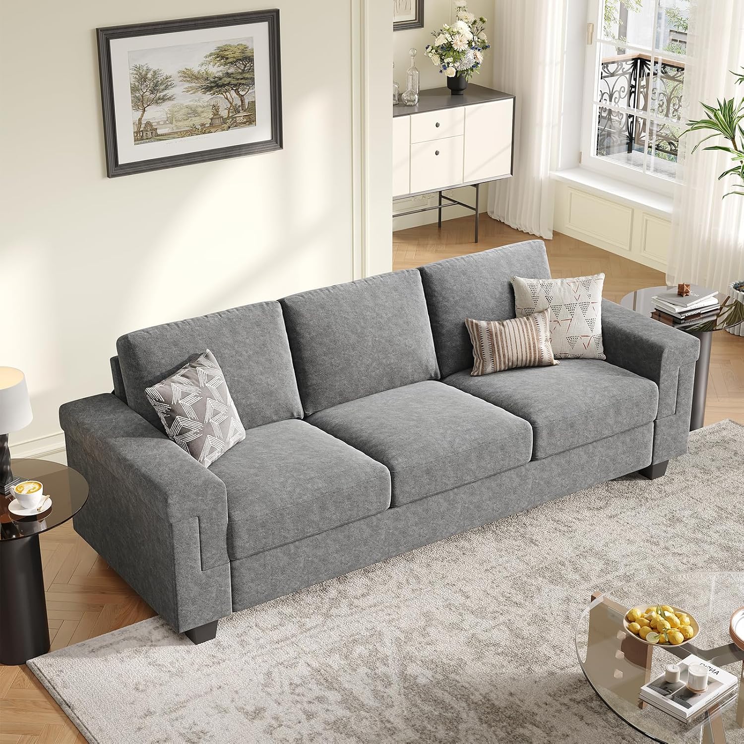 COPIAE 3 Seater Sofa Couch with Deep Seat, 90' Modern Upholstered Sofa with Armrests, Easy Installation, Comfy Couches for Living Room, Apartment, Light Gray