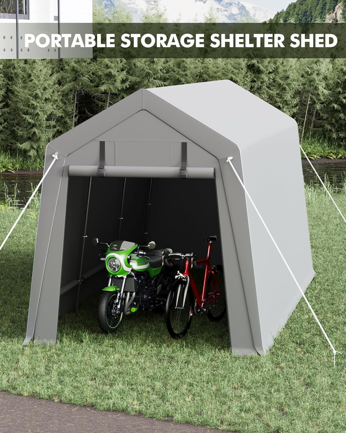 Shelter Logic 7 x 15 ft Carport Storage Shed - Heavy Duty Waterproof Tarp, 2 Roll-up Zipper Doors, Ideal for Motorcycle, Bike, Garden Tools, Firewood, Durable and Reliable Protection