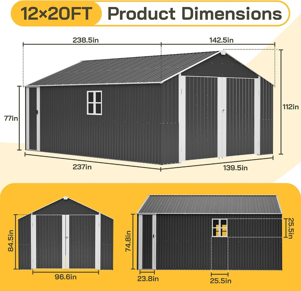 YOPTO 12x20 FT Outdoor Storage Shed,Metal Shed W/ 2 Windows & Lockable Reversible Door,Garden Tool House W/Updated Frame Structure & Sloped Roof,All Weather Waterproof for Backyard,Patio,Lawn,Grey