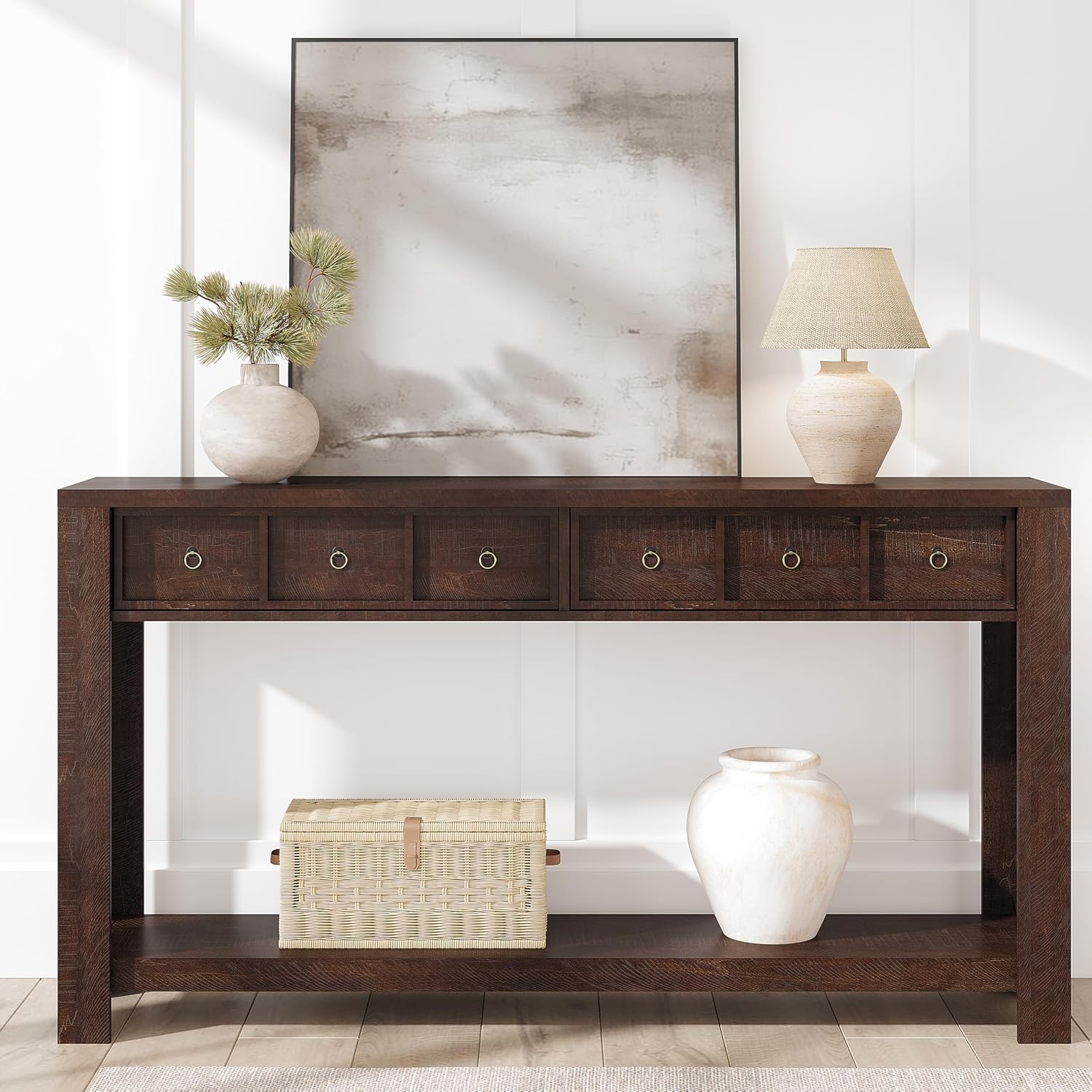 IDEALHOUSE 54inch Rustic Wooden Entryway Table with 2 Drawers & Open Shelf – Farmhouse Console Sofa Table for Hallway, Foyer & Living Room, Brown